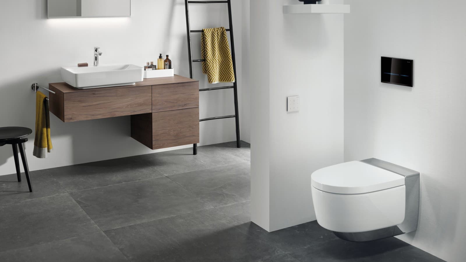 Touchless toilet flushing with the Geberit Sigma80 actuator plate in combination with the Geberit AquaClean Mera shower toilet Touchless toilet flushing with the Geberit Sigma80 actuator plate in combination with the Geberit AquaClean Mera shower toilet