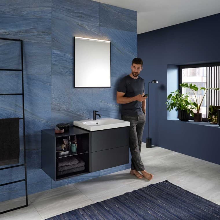 Mix & Match Geberit Acanto bathroom sink with Geberit ONE washbasin cabinet and open side element Mix & Match Geberit Acanto bathroom sink with Geberit ONE washbasin cabinet and open side element