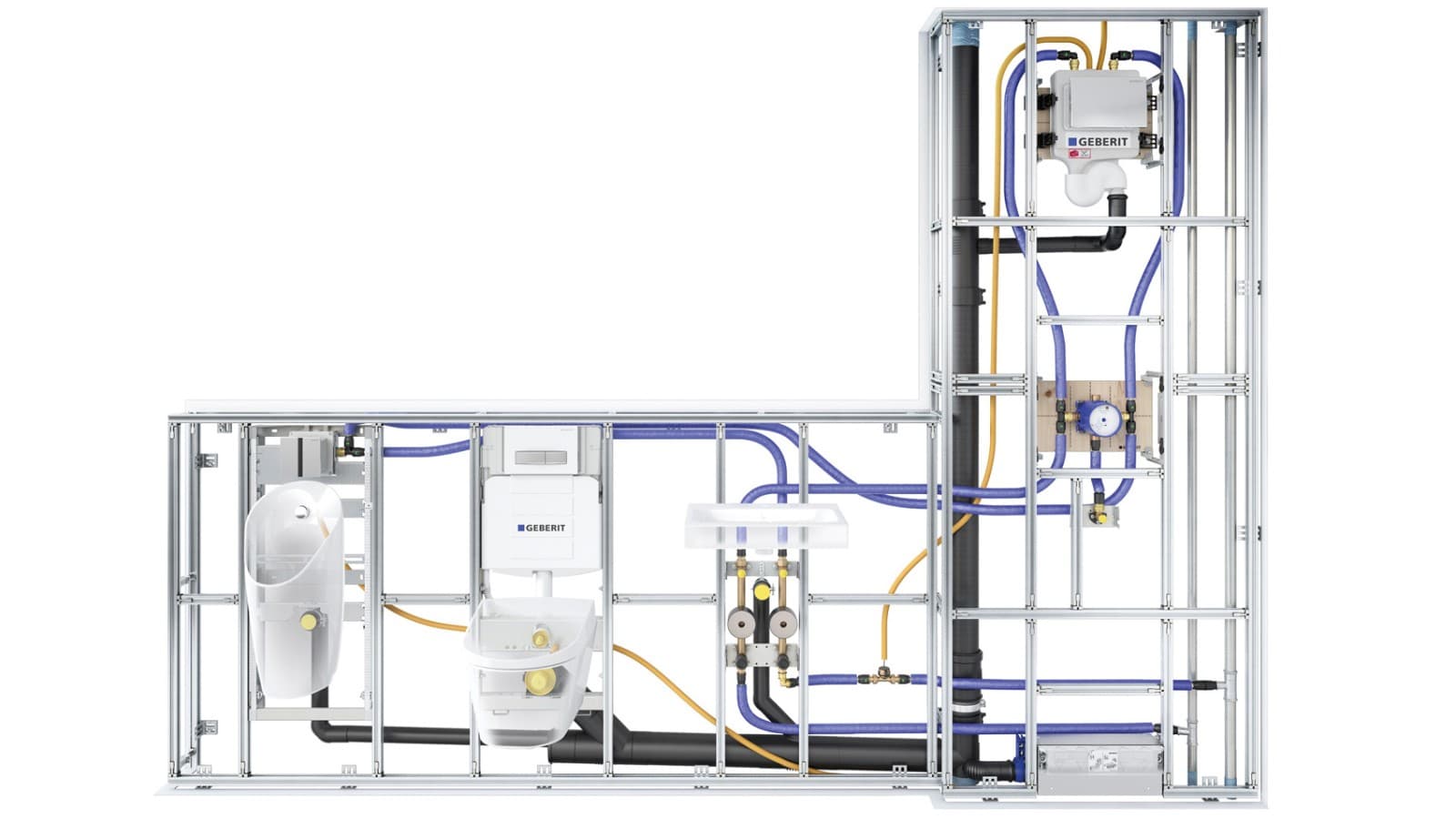 Prefabricated Geberit GIS system wall with components Prefabricated Geberit GIS system wall with components